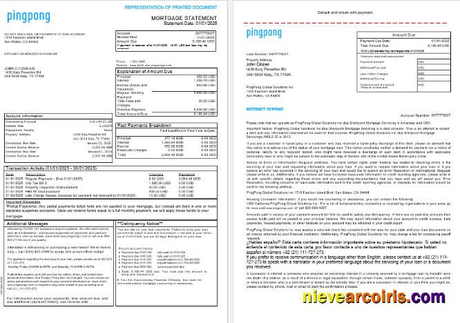 USA California PingPong Global Solutions Inc mortgage statement, 3 pages 1-2